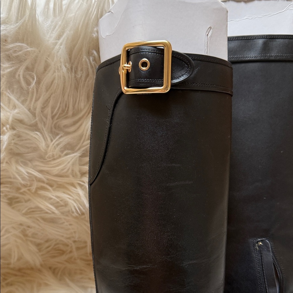 Coach Black Leather Moto Boots with Gold Buckle - Picture 2 of 4